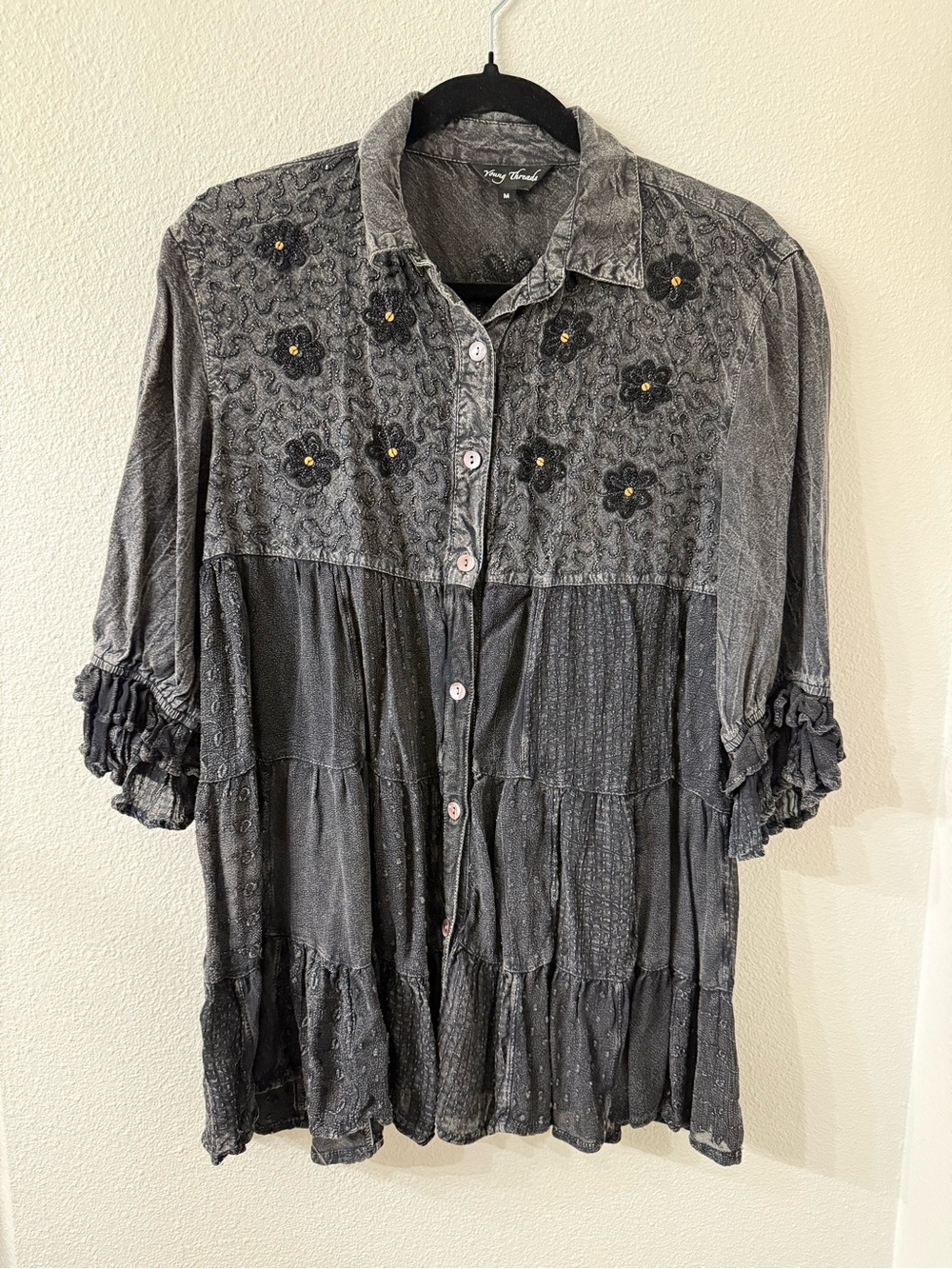 Young Threads - 3/4 Ruffle Sleeves Tiered Button Up Blouse